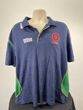 Front view of Men’s XL Northants cricket polo shirt with embroidered logos and green side panels