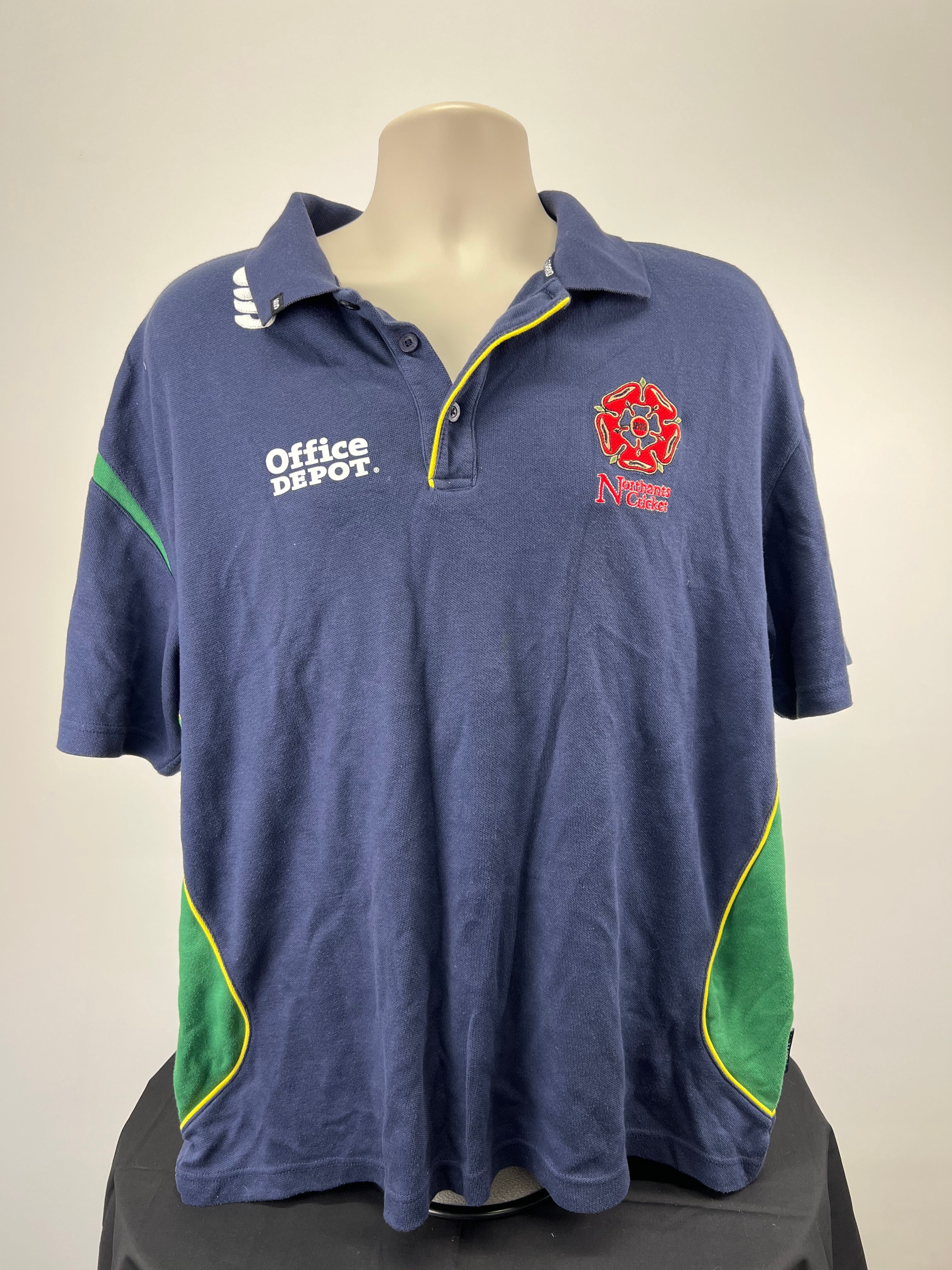 Front view of Men’s XL Northants cricket polo shirt with embroidered logos and green side panels