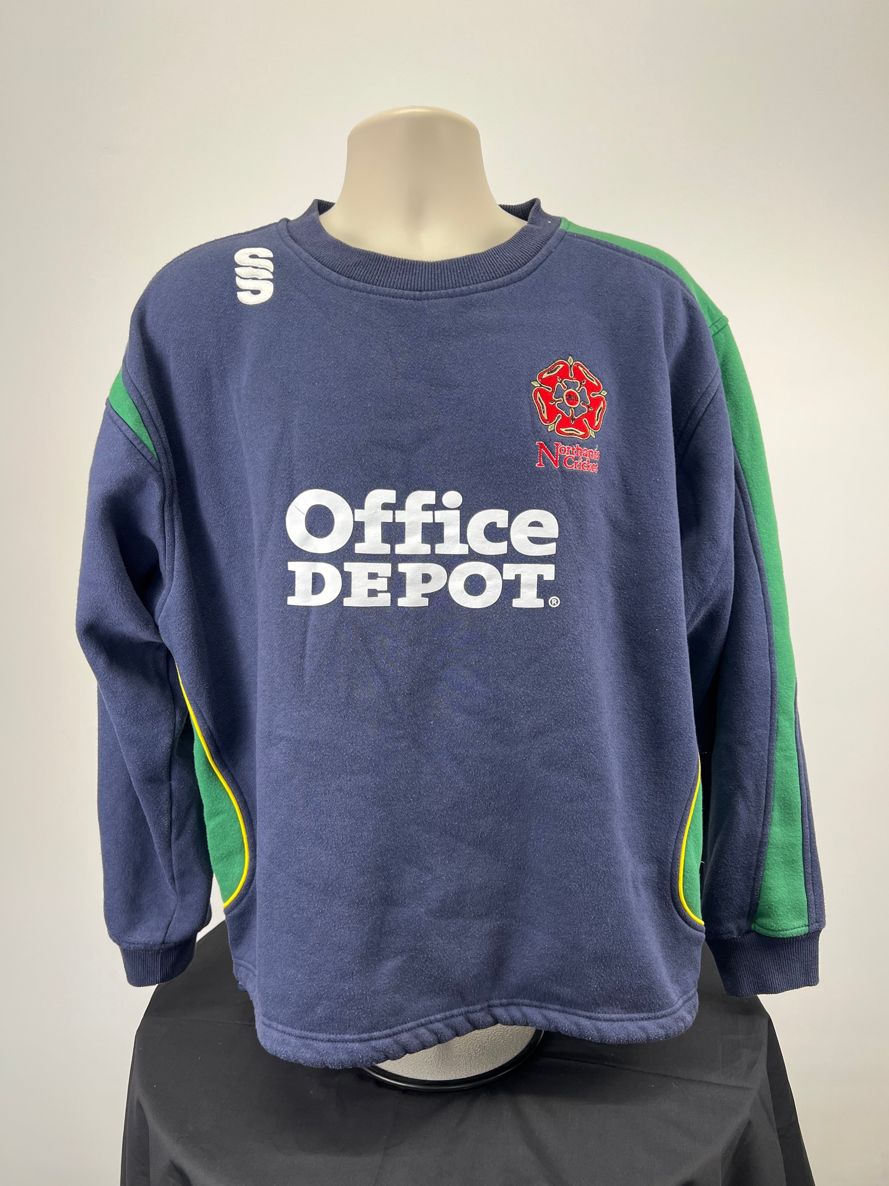 Front of men's Northants cricket sweatshirt in navy blue with green panels and Office Depot print