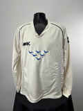 Front view of Monty Panesar cream long sleeve cricket jumper with Sussex logo and MKK branding