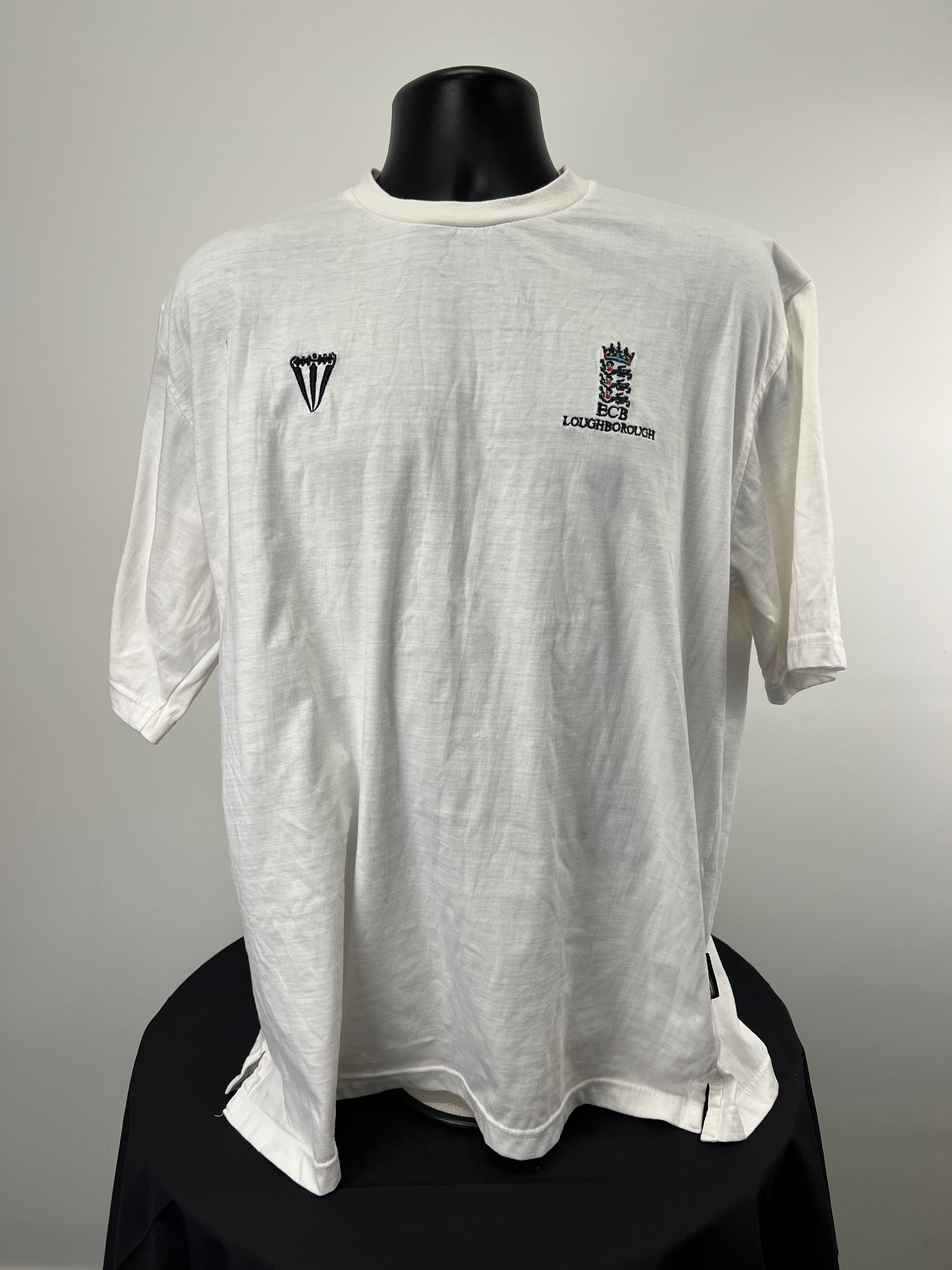 Front view of white ECB Loughborough cricket t-shirt with embroidered logos