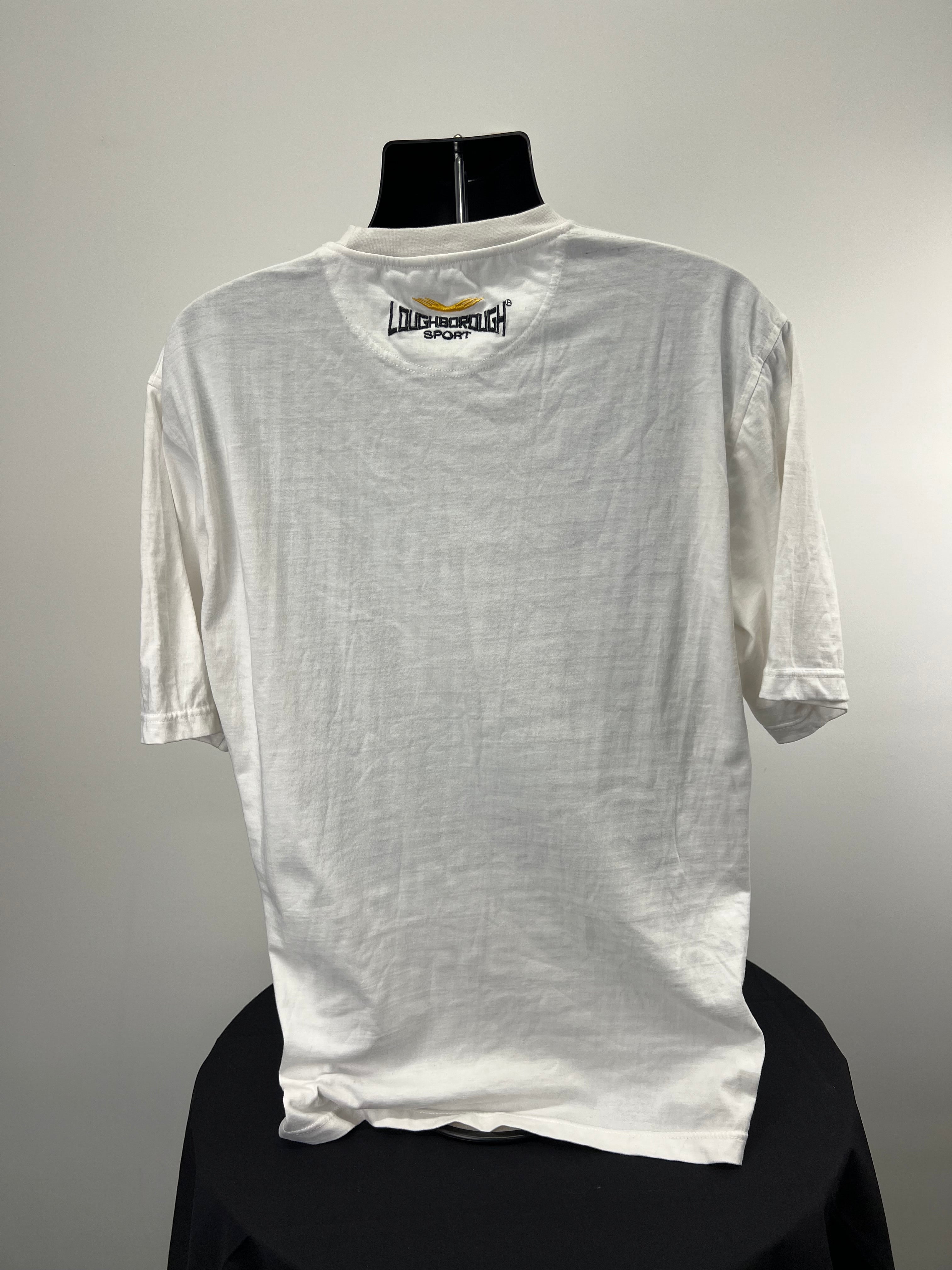 Back view of white cricket t-shirt showing Loughborough Sport embroidery on neckline