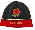 Front view of England Roses rugby beanie hat in navy blue and red with embroidered red rose and England text