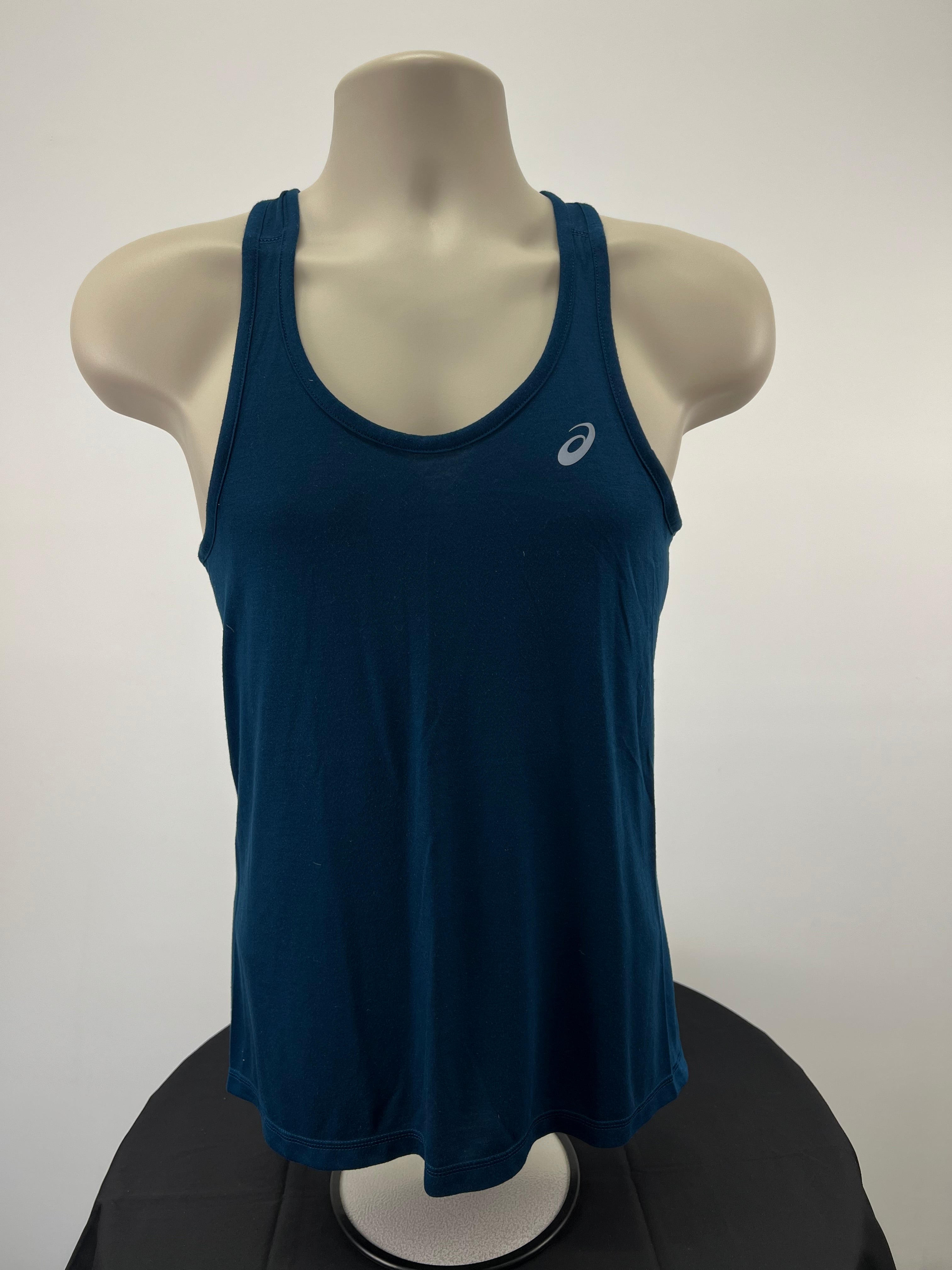 Front view of Asics blue running vest top on mannequin showing scoop neckline