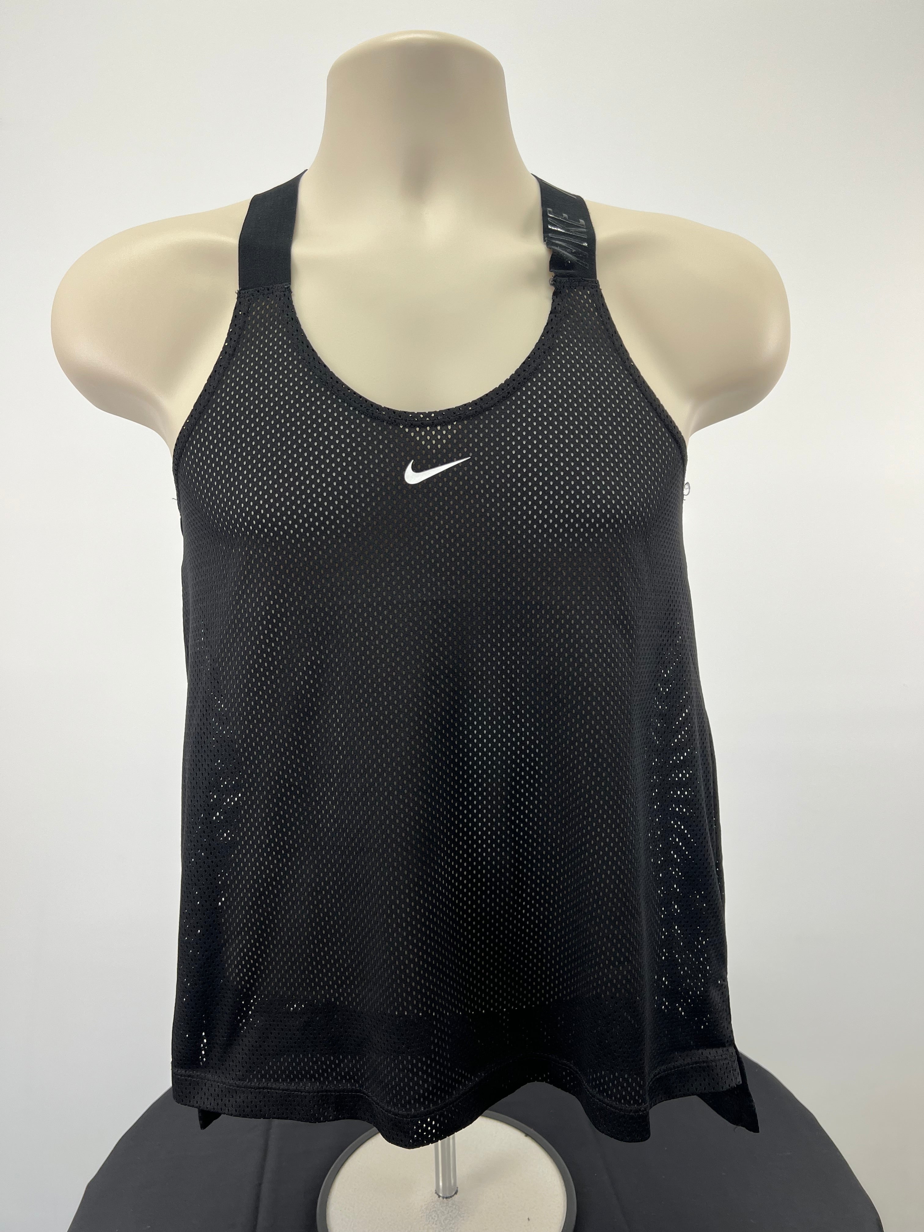 Nike black mesh vest top front view on mannequin showing white Nike swoosh logo
