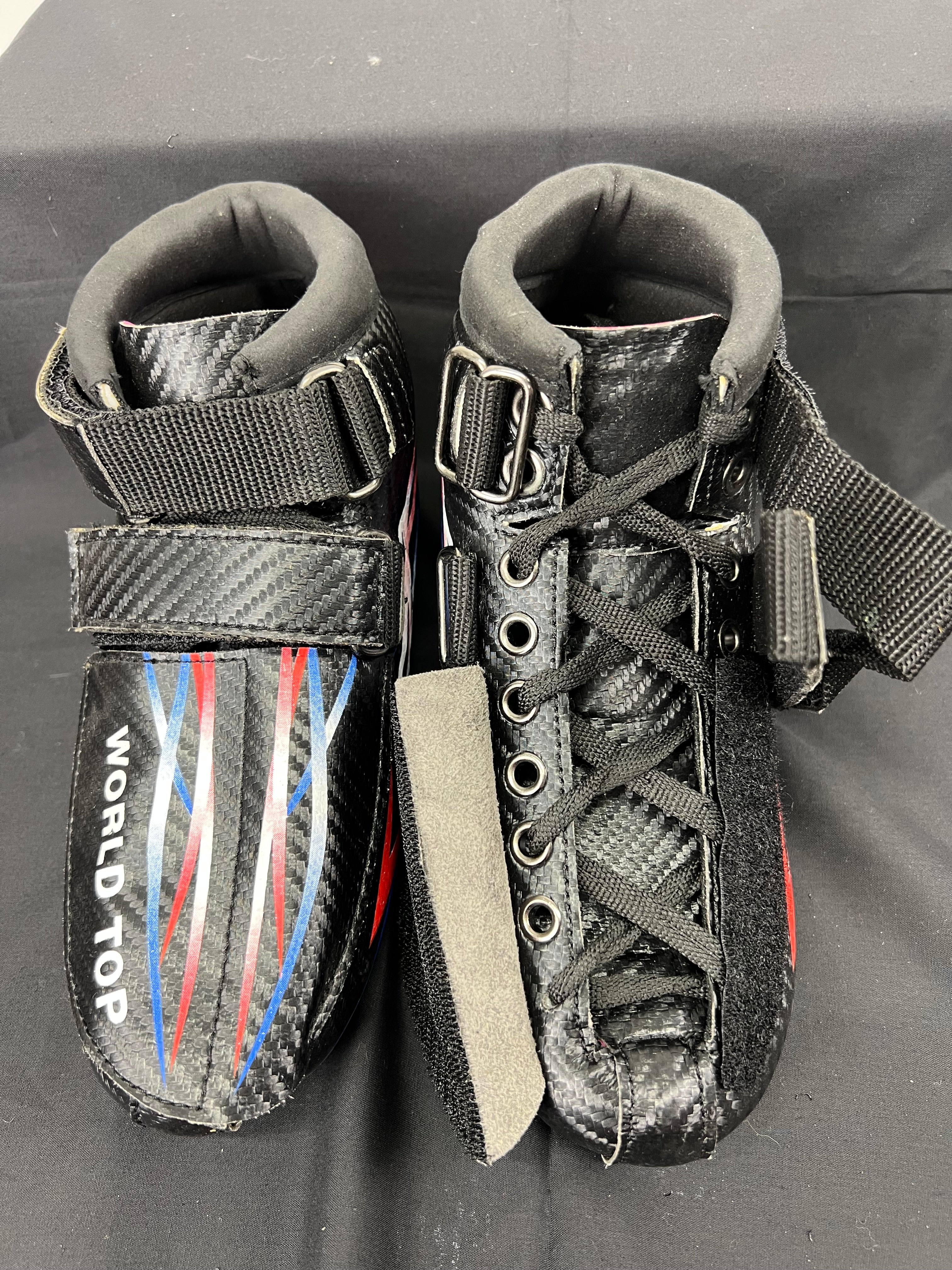 Top view of World Top speed skating boots showing lace-up front and hook-and-loop straps