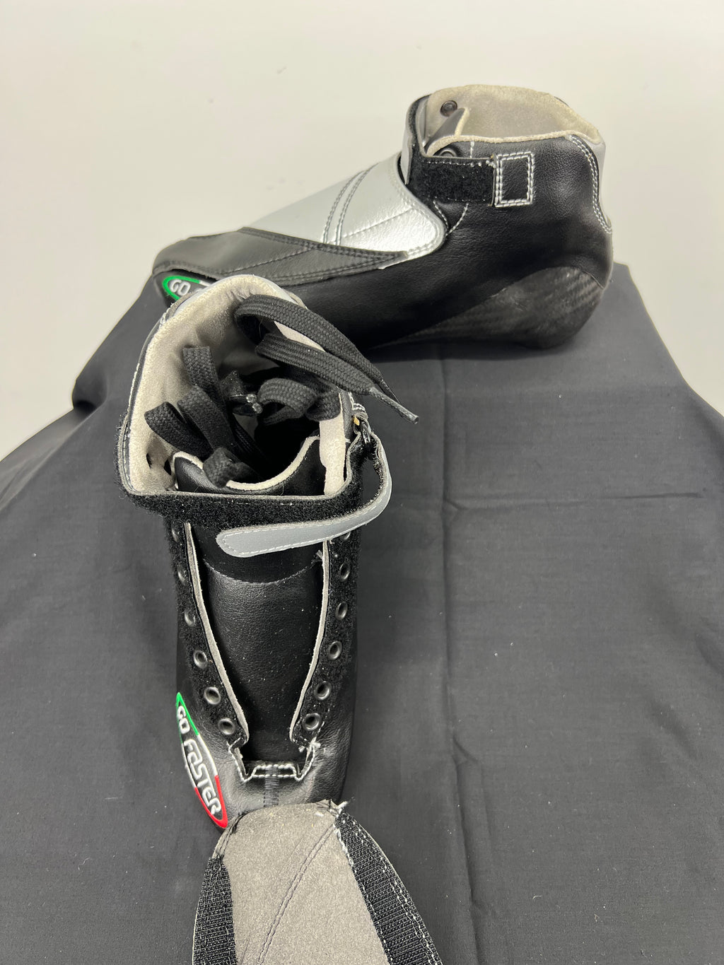 Top front view of Go Faster short track speed skating boot size 37 showing lacing area and hook-and-loop strap