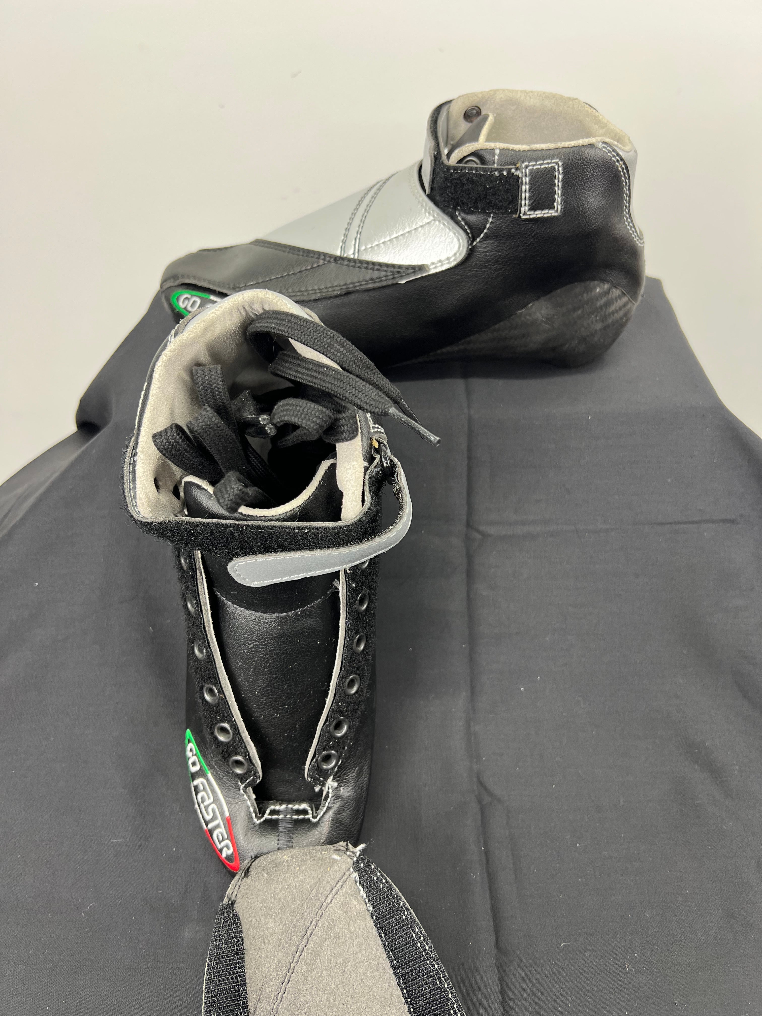 Top front view of Go Faster short track speed skating boot size 37 showing lacing area and hook-and-loop strap
