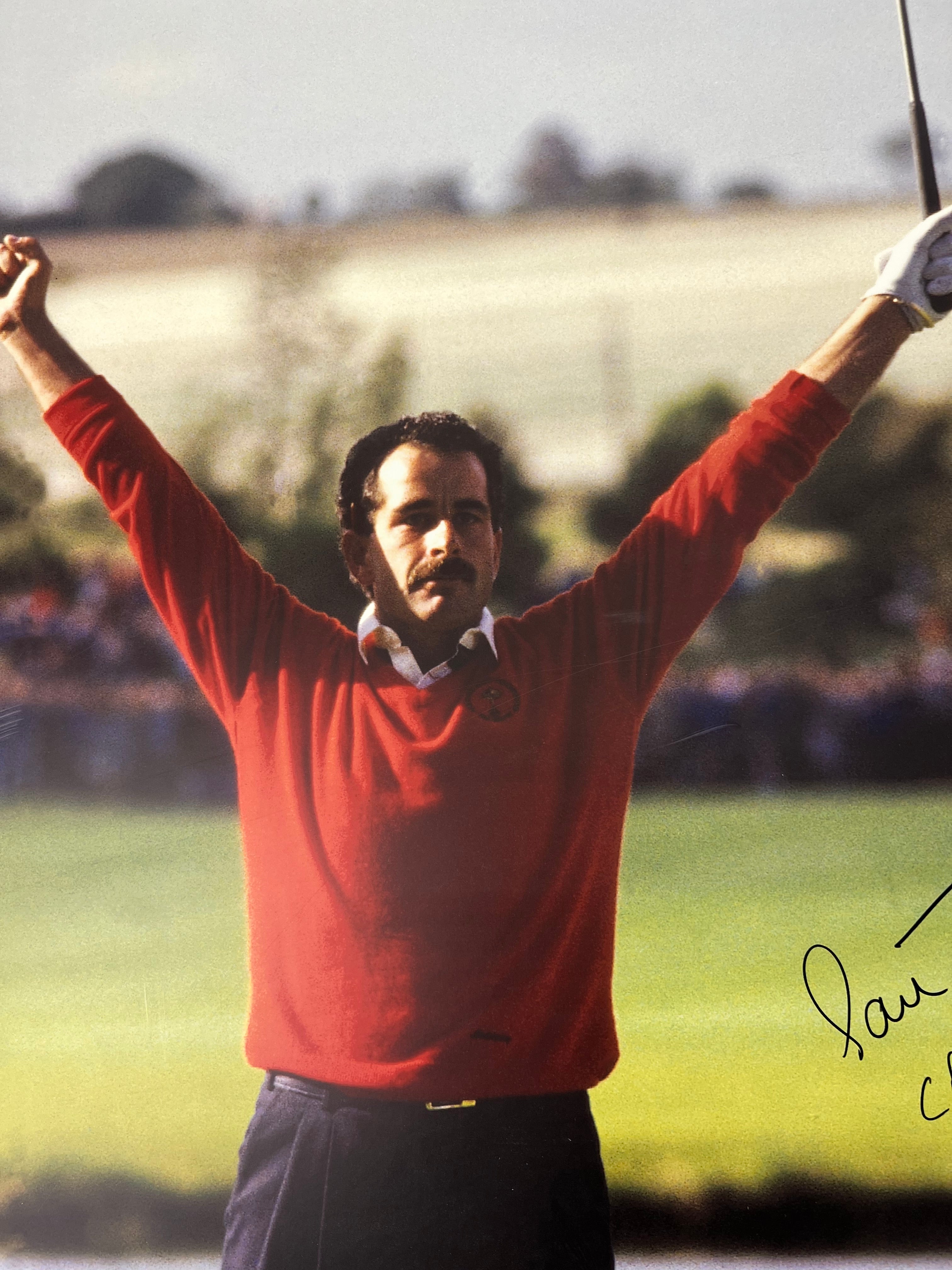 Close-up of Sam Torrance raising arms in celebration during Ryder Cup 1985