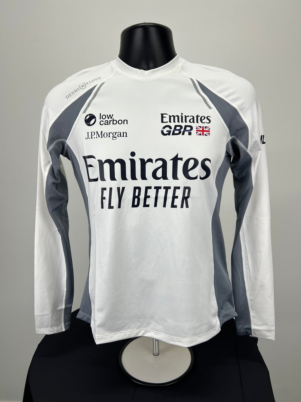 Emirates x Henri Lloyd 2025 women's white and grey long sleeve performance tee front view