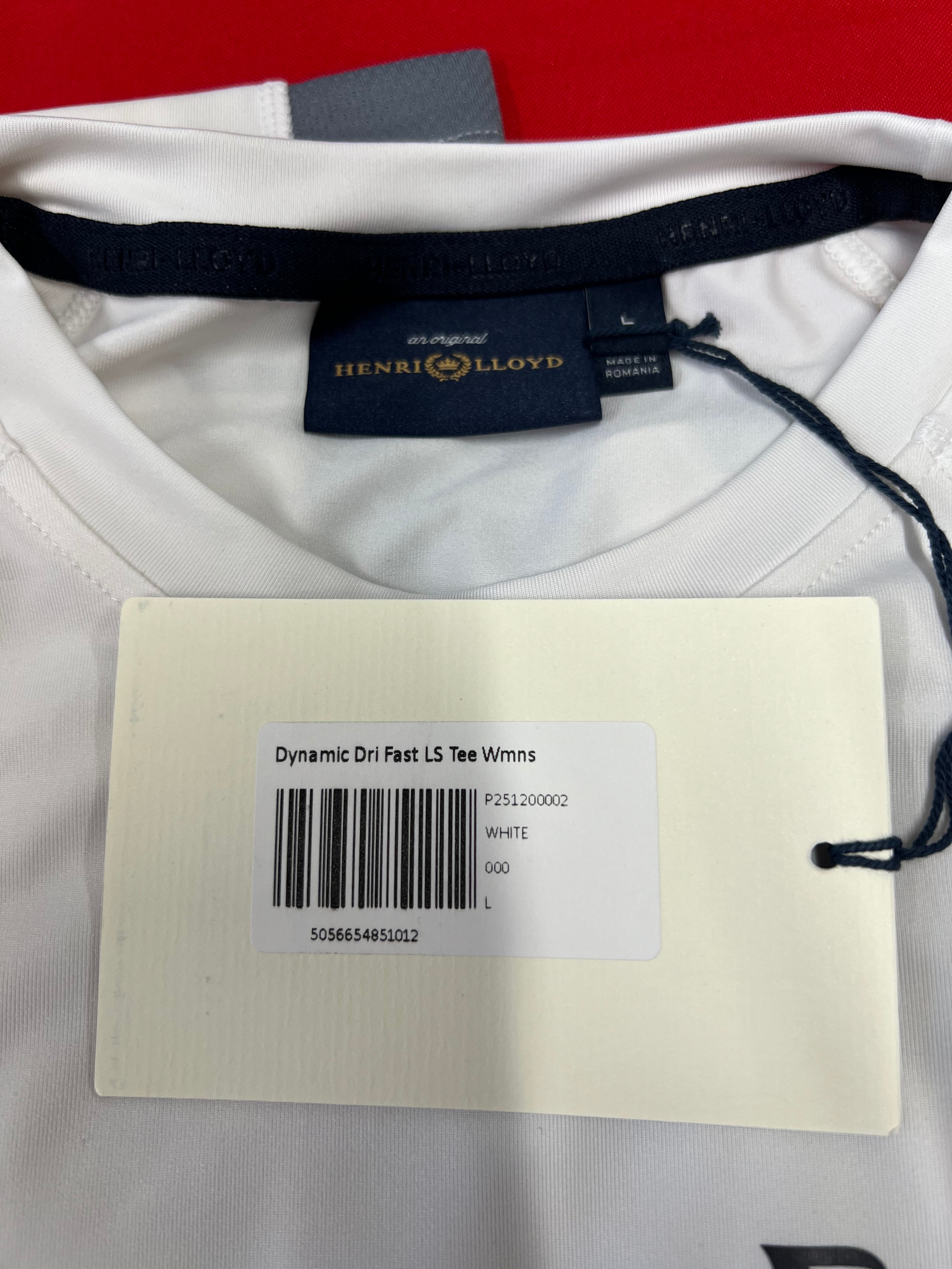 Close-up of product tag showing size large, white color, dynamic dri fast LS tee for women