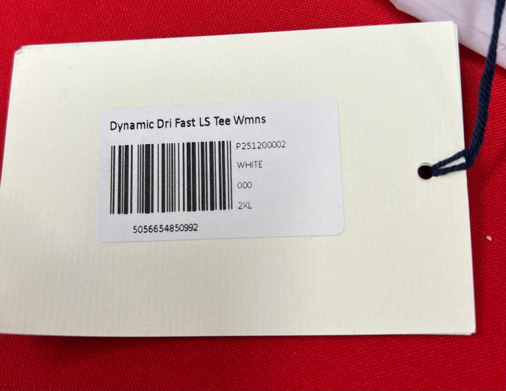 Label showing product details: Dynamic DriFast LS Tee Wmns, white, size 2XL