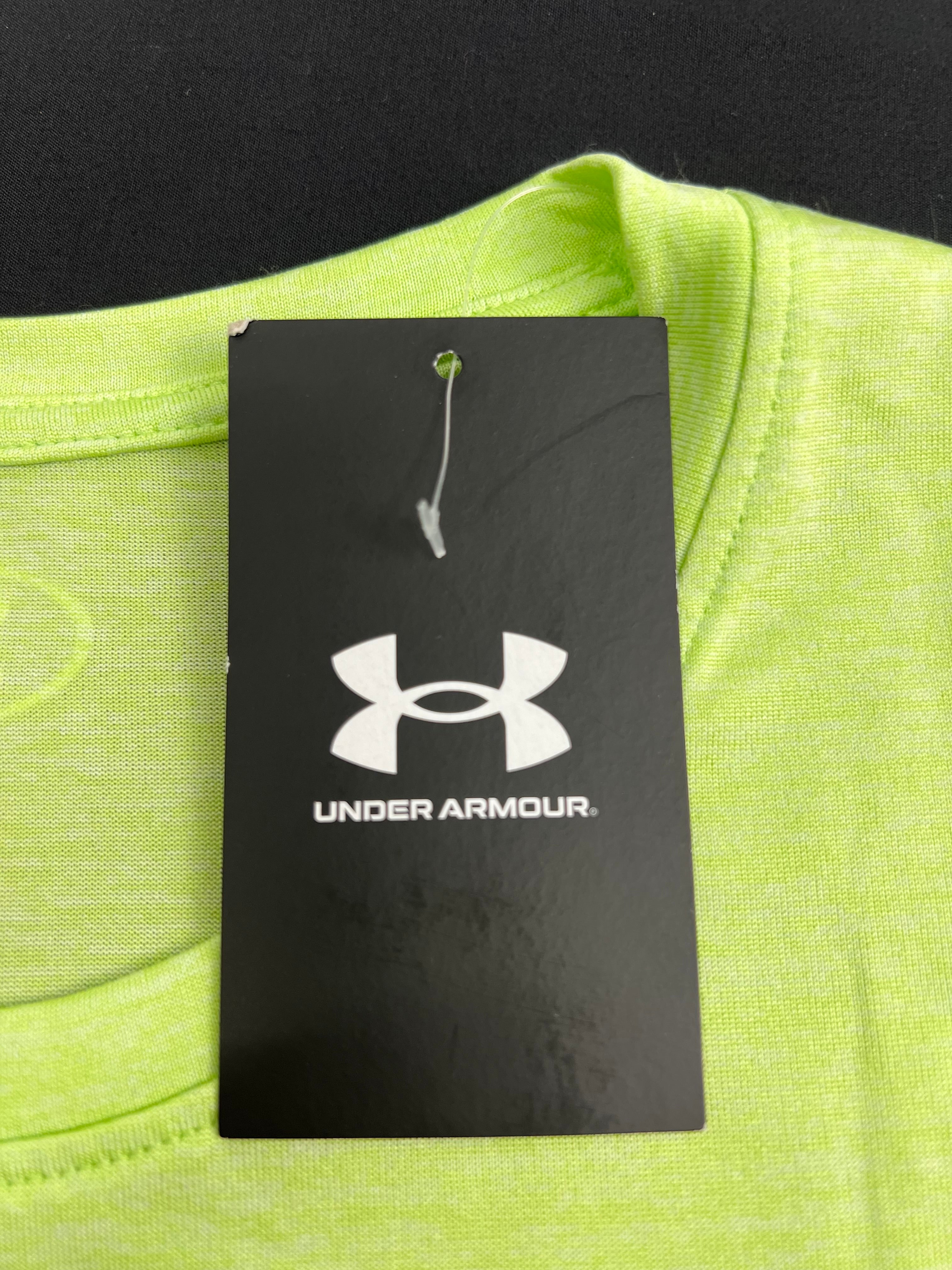 Under Armour branded black hang tag on neon green T-shirt