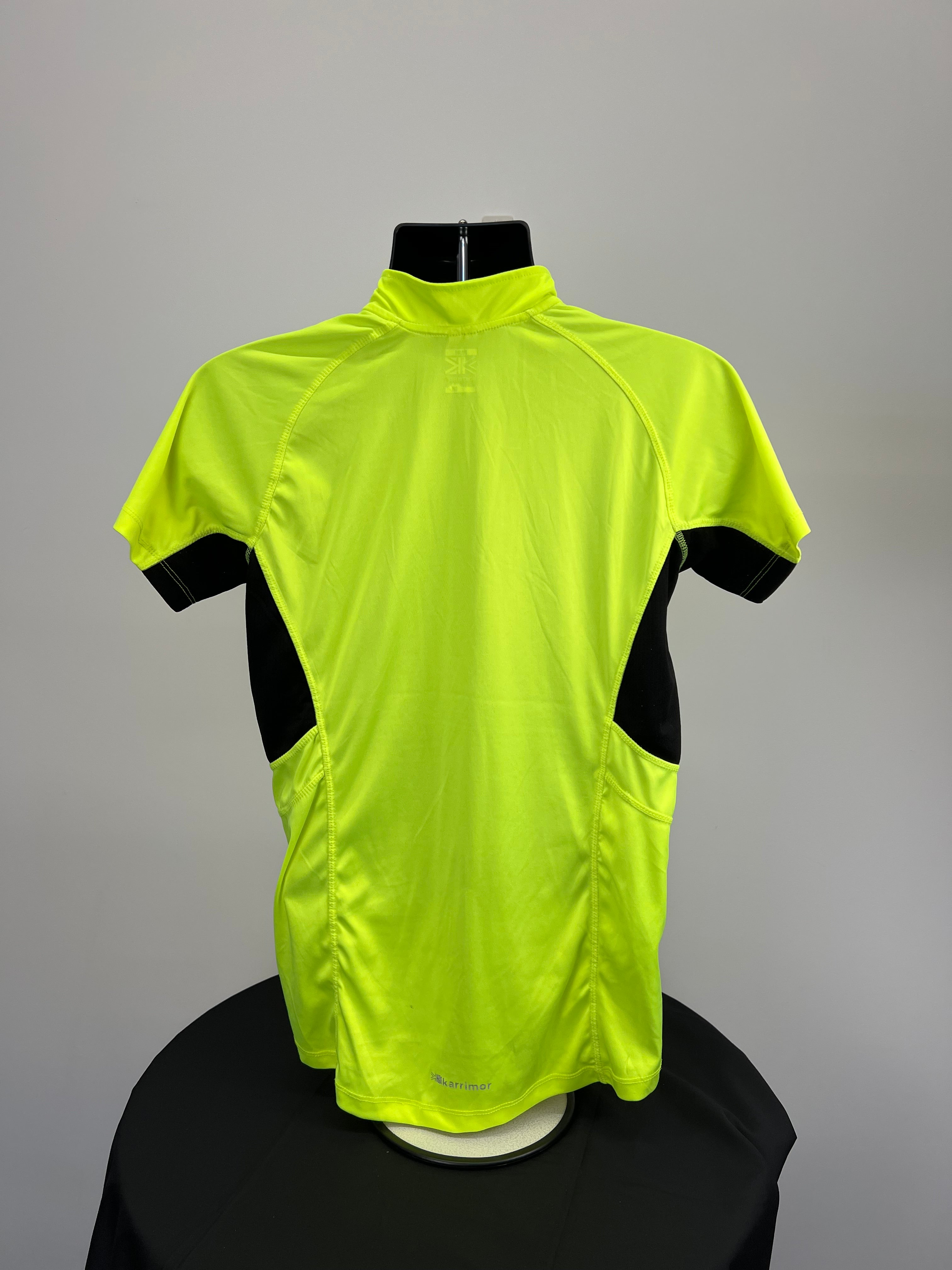 Back view of bright green Karrimor run half zip athletic top with black side mesh