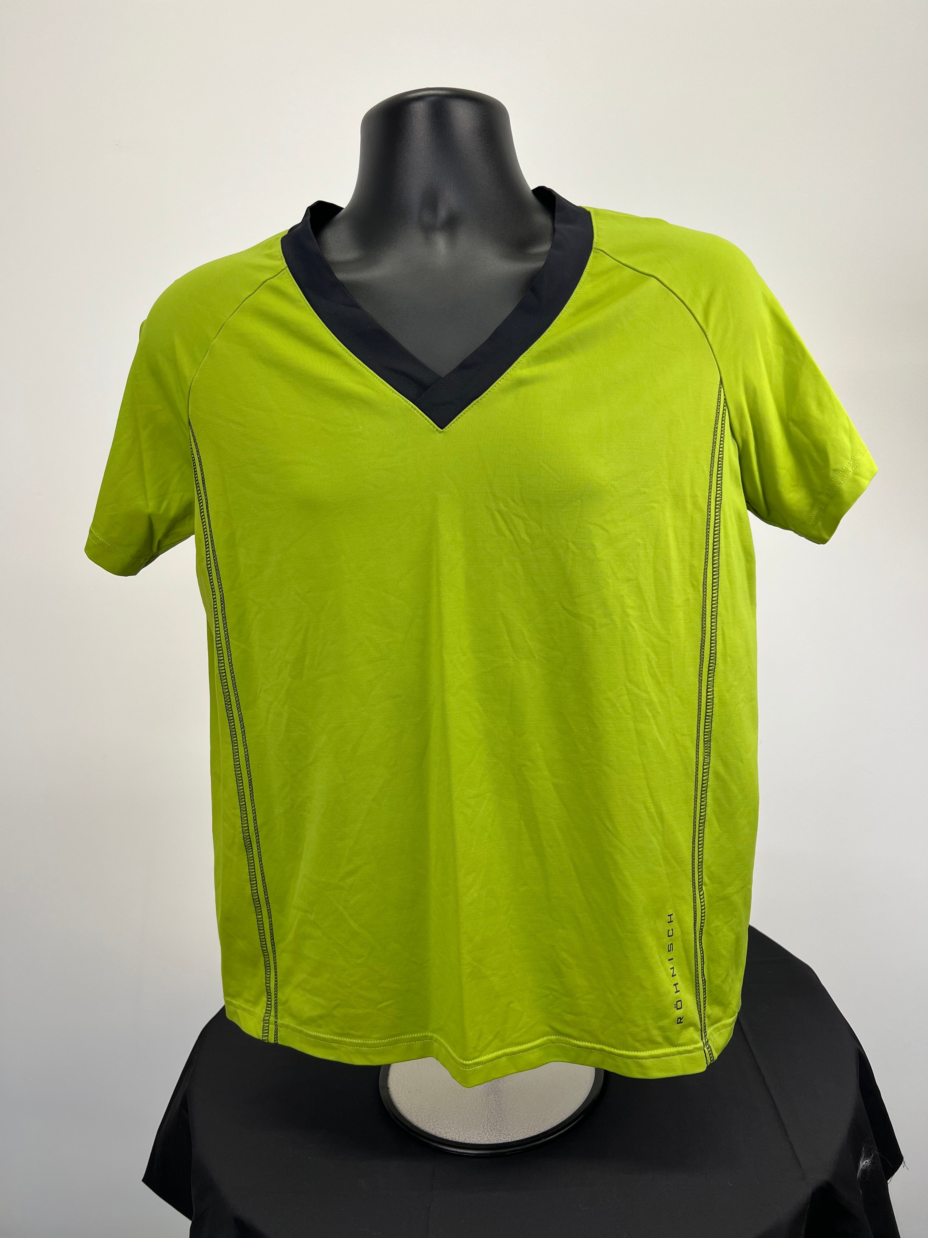 Front view of Röhnisch green V-neck women's t-shirt size 42/44 on mannequin