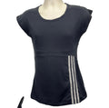Front view of Adidas black tunic length t-shirt with white three stripes on side