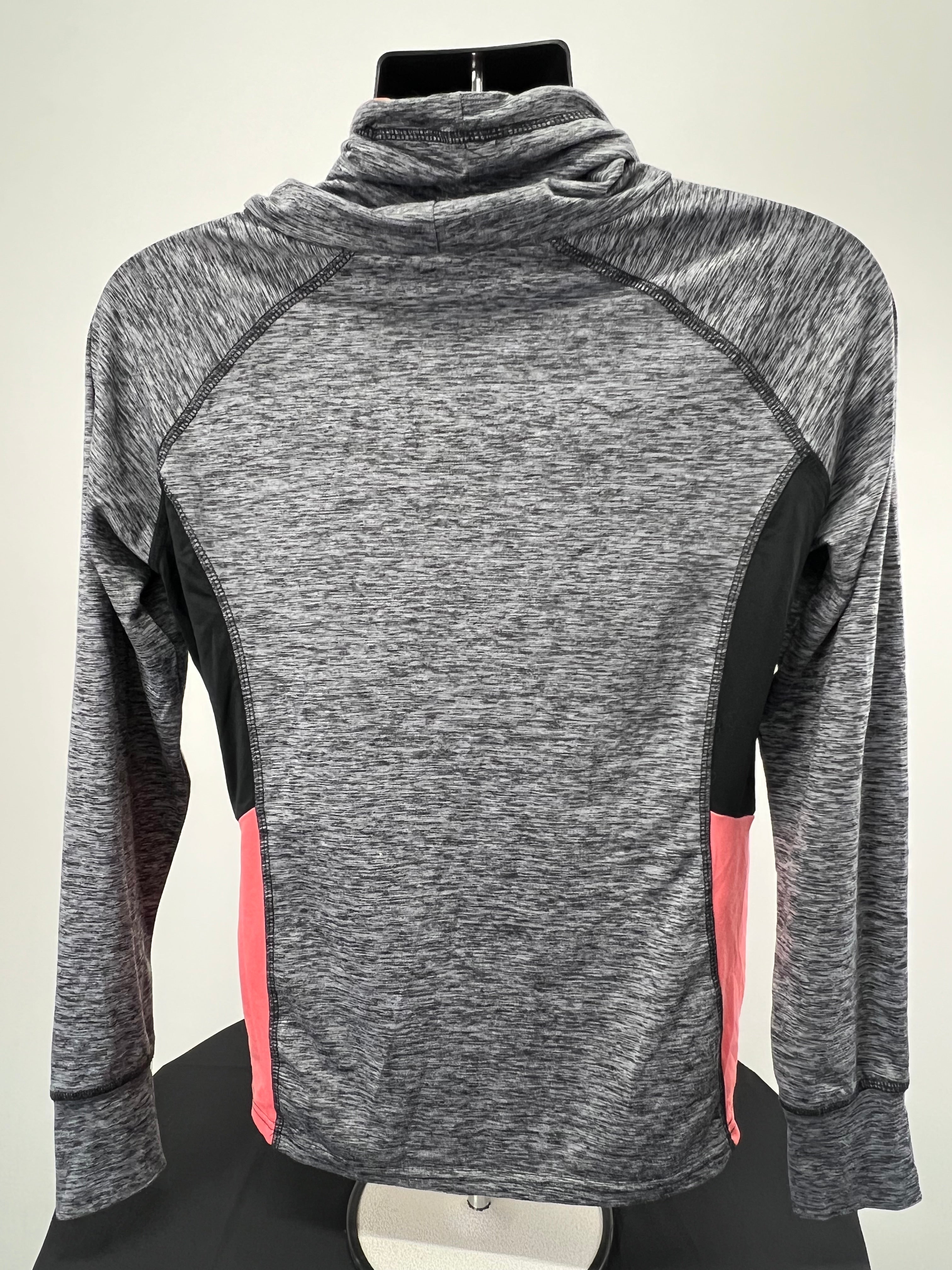 Back view of women's Crane long sleeve top showing grey marled fabric, black side panels, and pink lower side accents