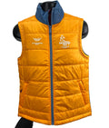 Front view of Birmingham 2022 Commonwealth Games bright orange gilet with blue collar and zip closure