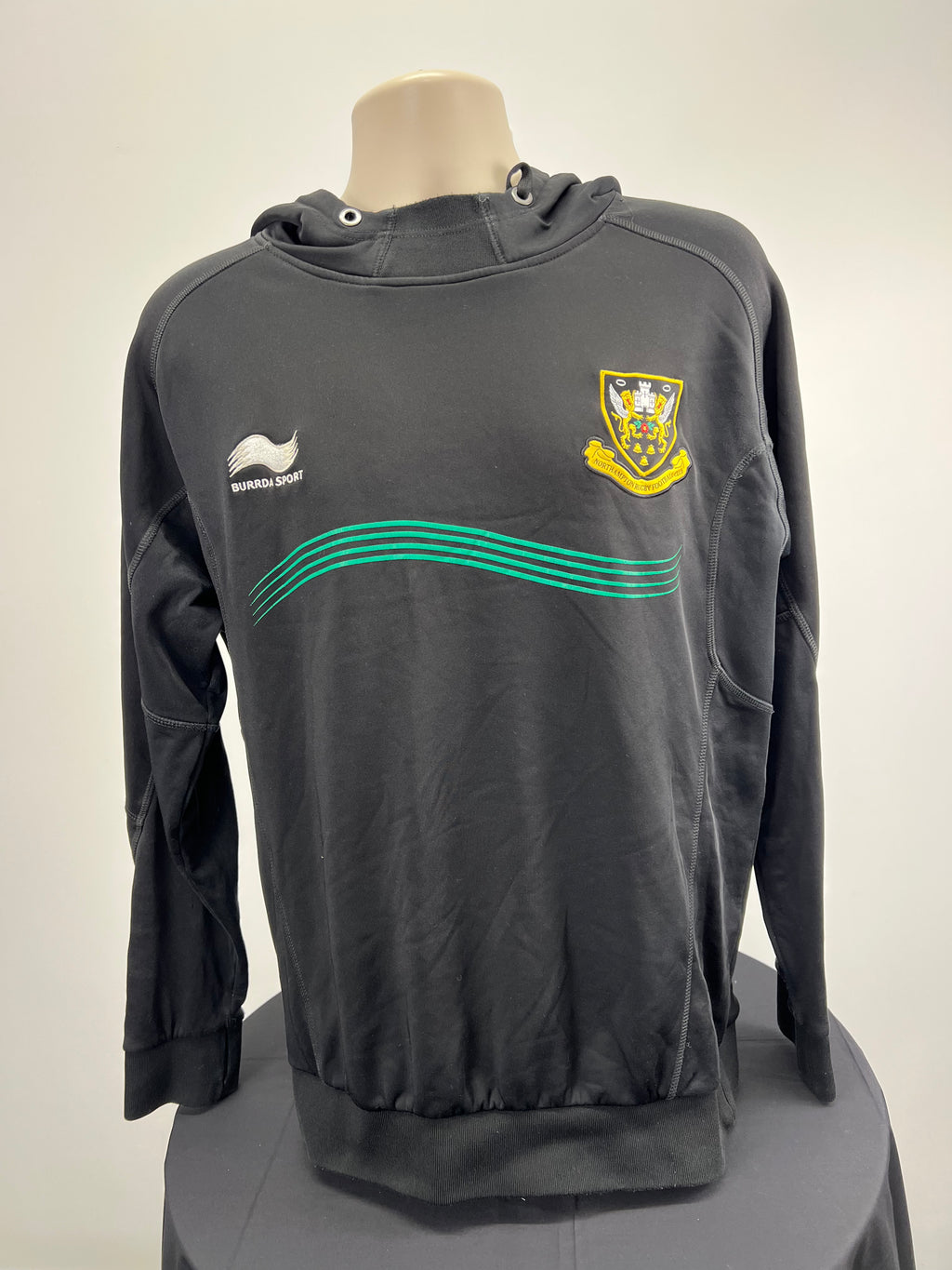Front view of black Northampton Rugby Football Club hoodie with crest and Burrda Sport logo
