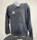 Front view of kids' black adidas hoodie with white logo and stripe details on sleeves