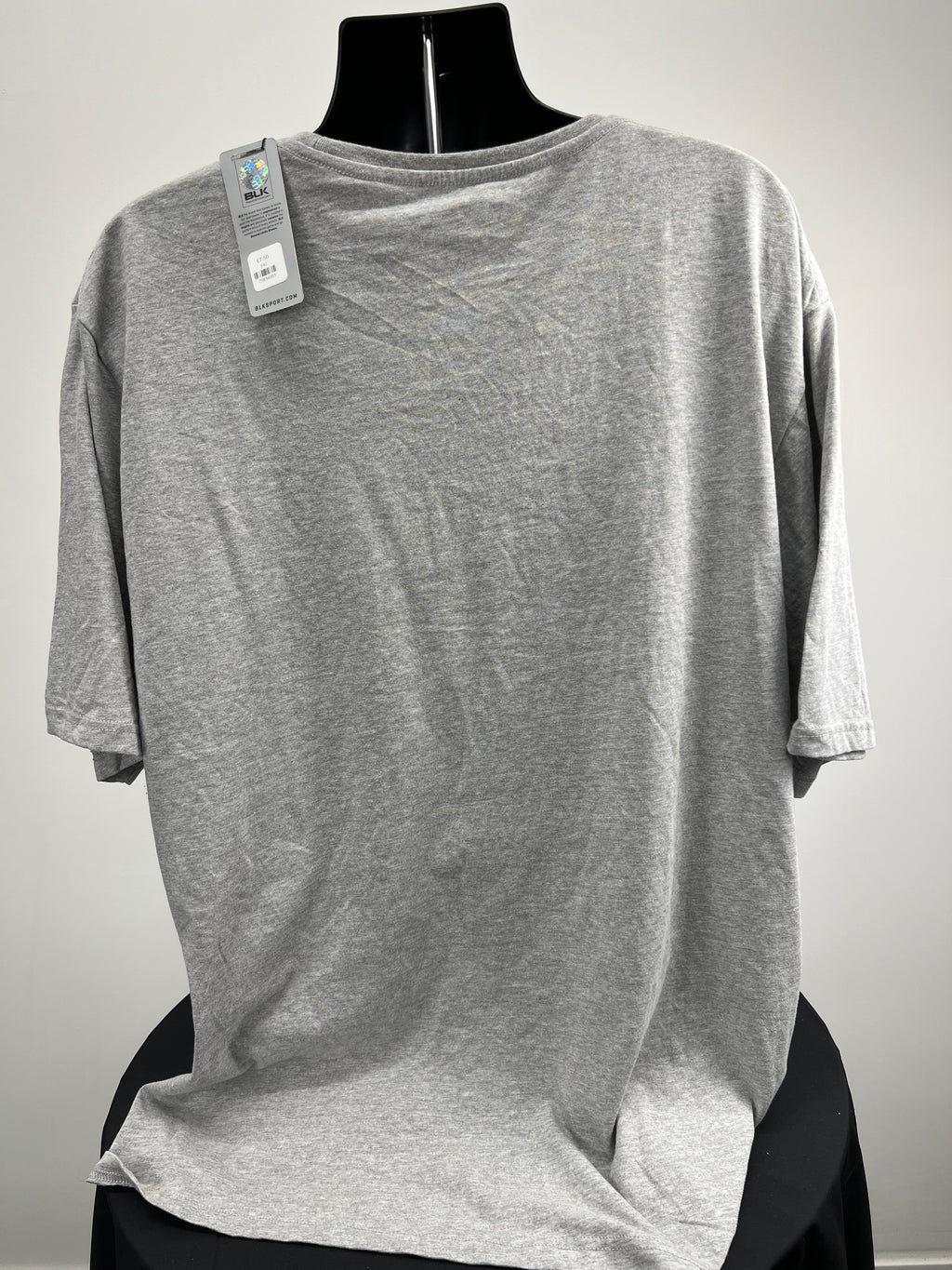Back view of grey BLK t-shirt showing plain design with size tag