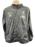 Front view of Nike Liverpool FC Storm-Fit grey zip-up sports jacket with club crest, AXA sponsor, and Nike logo