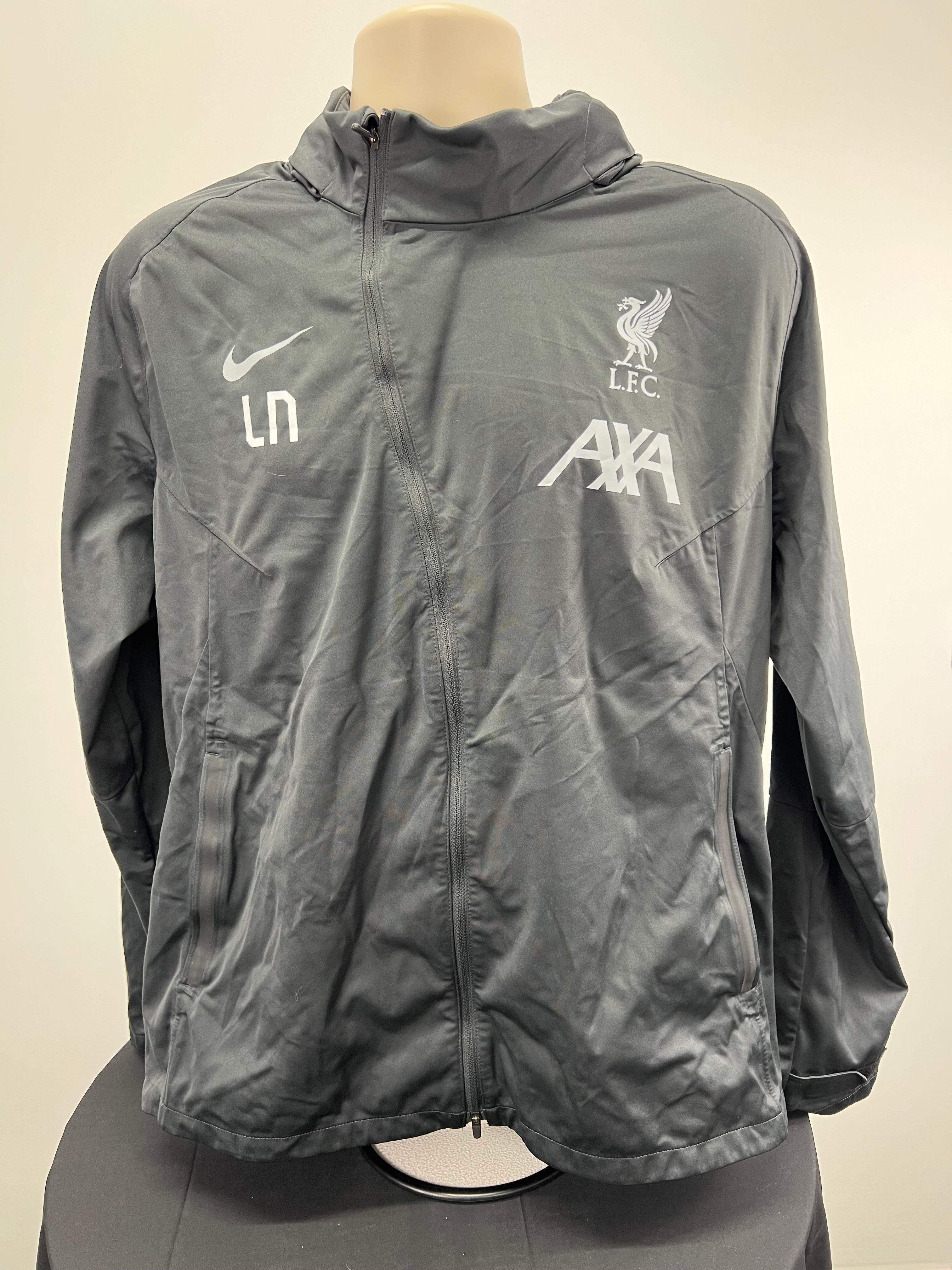 Front view of Nike LFC zip-up storm fit jacket in grey, showing Nike swoosh, LFC logo and AXA sponsor logos