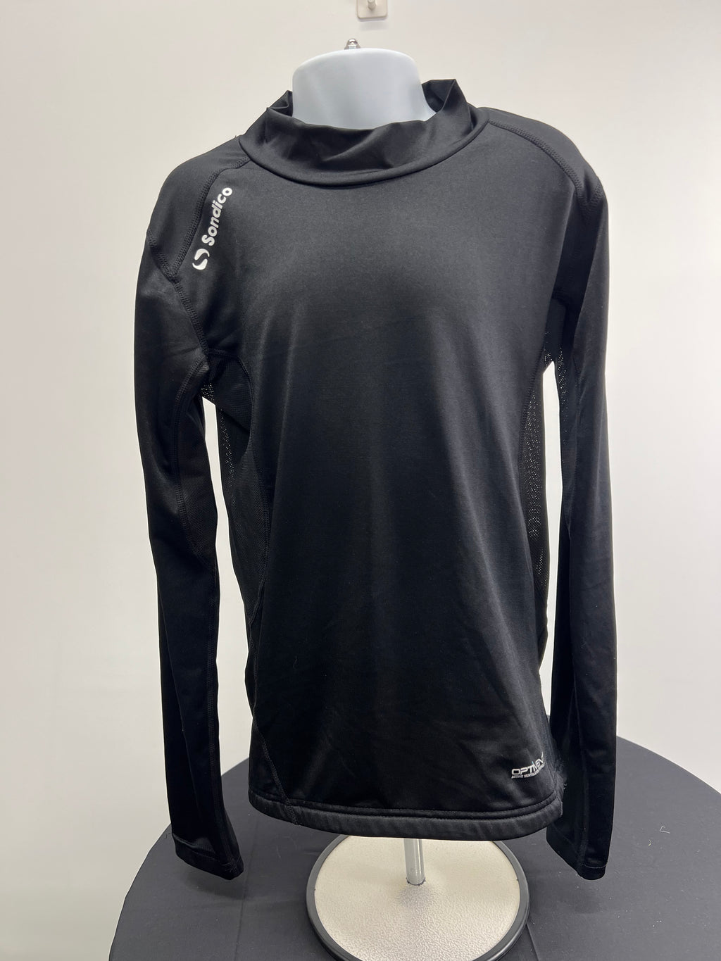 front view of black Sondico kids base layer top with long sleeves and mock neck