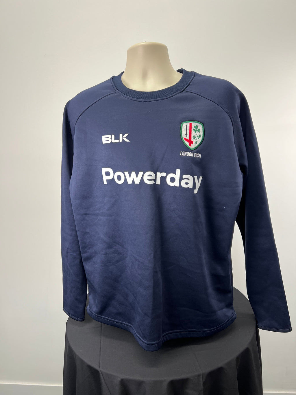 Front view of men's dark blue London Irish sweatshirt with BLK logo and Powerday printed on front