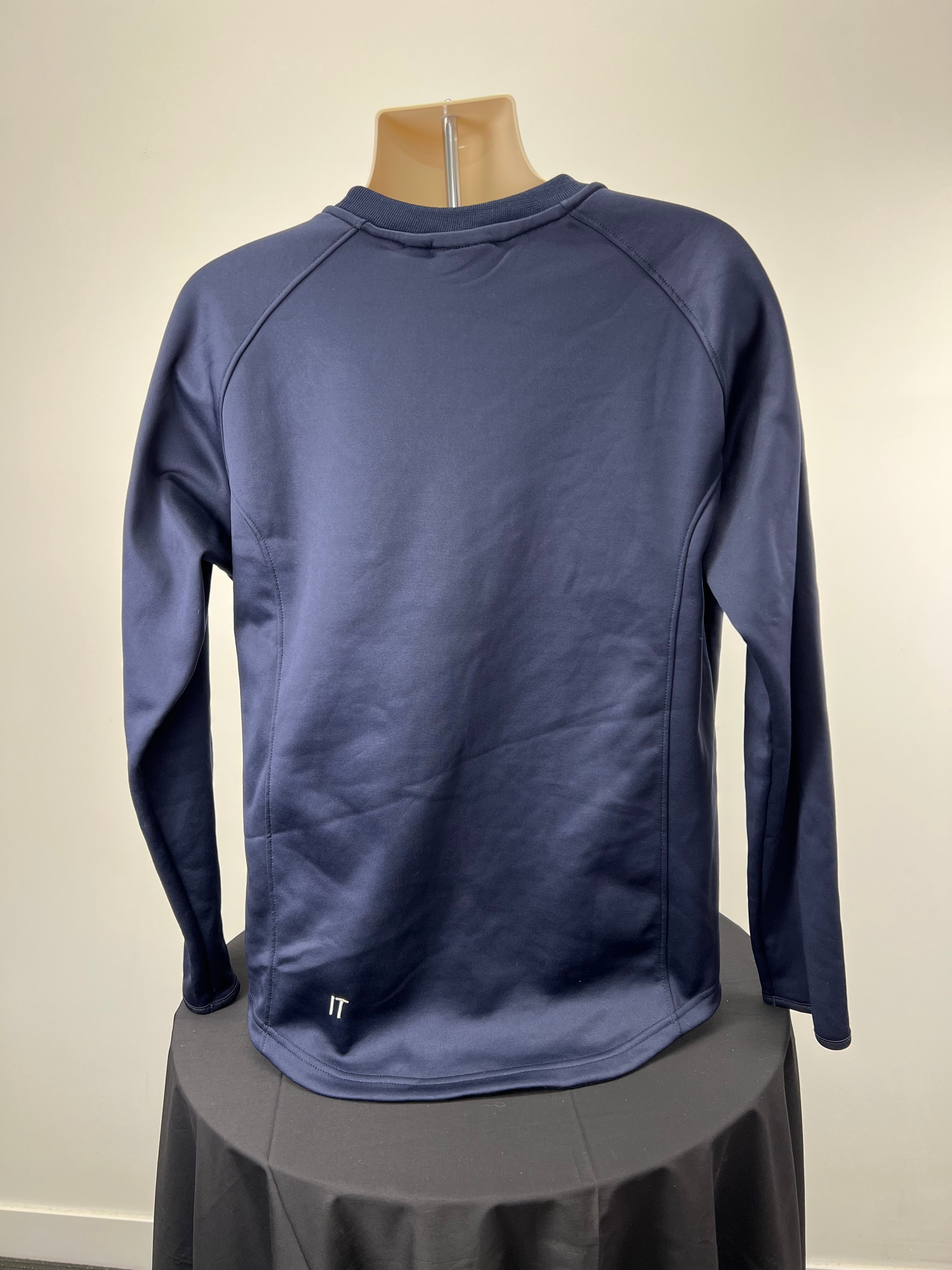 Back view of men's dark blue London Irish sweatshirt showing plain design with small initials near bottom