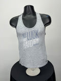 Front view of women's Reebok x Les Mills grey sports vest with motivational text print