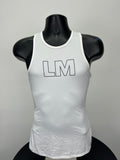 Front view of white Women’s Reebok Les Mills sports vest with LM logo