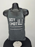 Front view of grey Reebok Body Combat women’s vest with bold white and black graphic print on mannequin