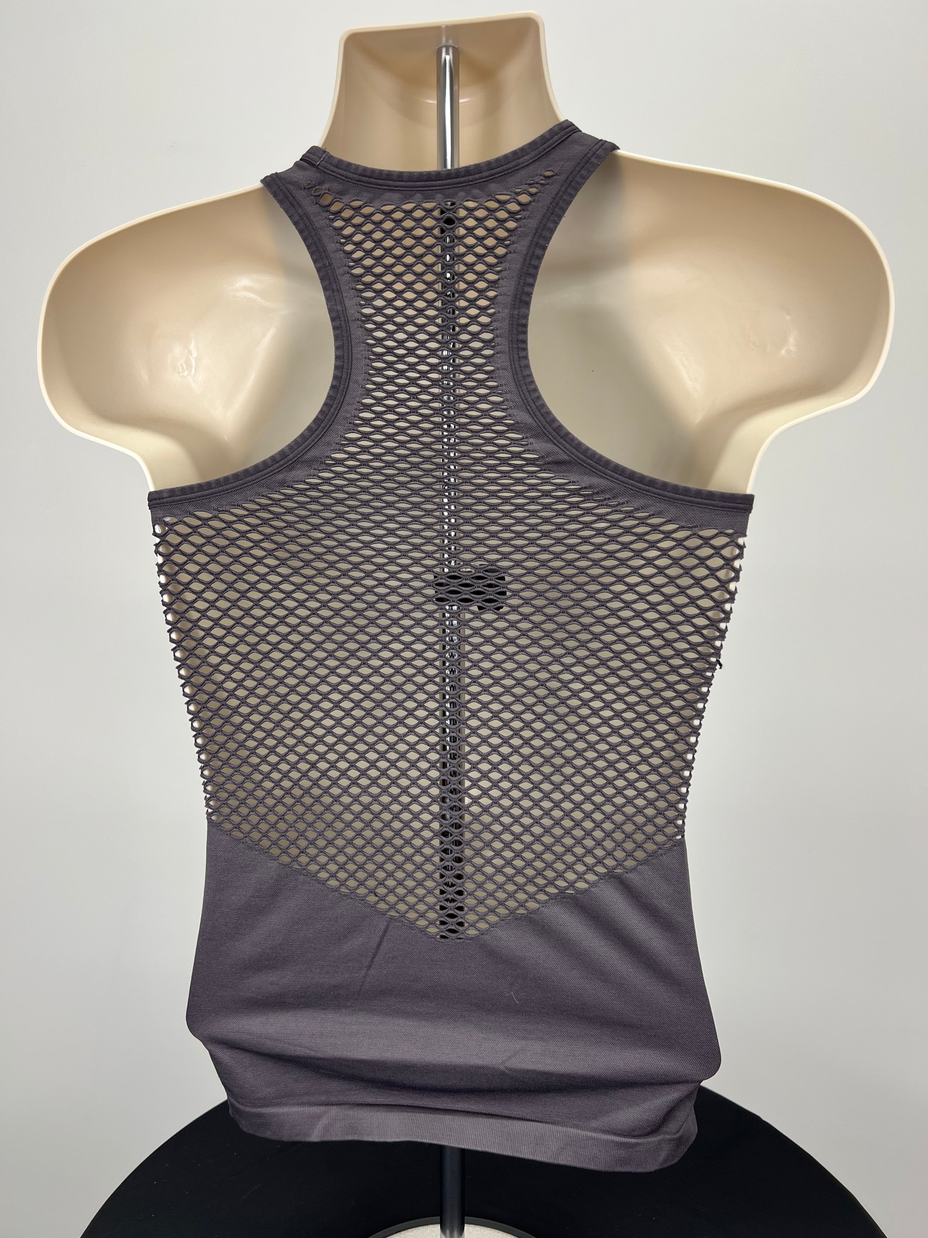 Rear view showing mesh back design of women's Reebok x Les Mills grey vest top