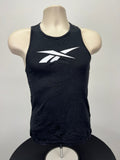 Front view of black Reebok women's vest top with white logo in XS