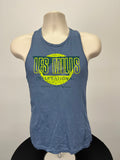Front view of Reebok x Les Mills grey vest top with bright yellow and green logo pattern