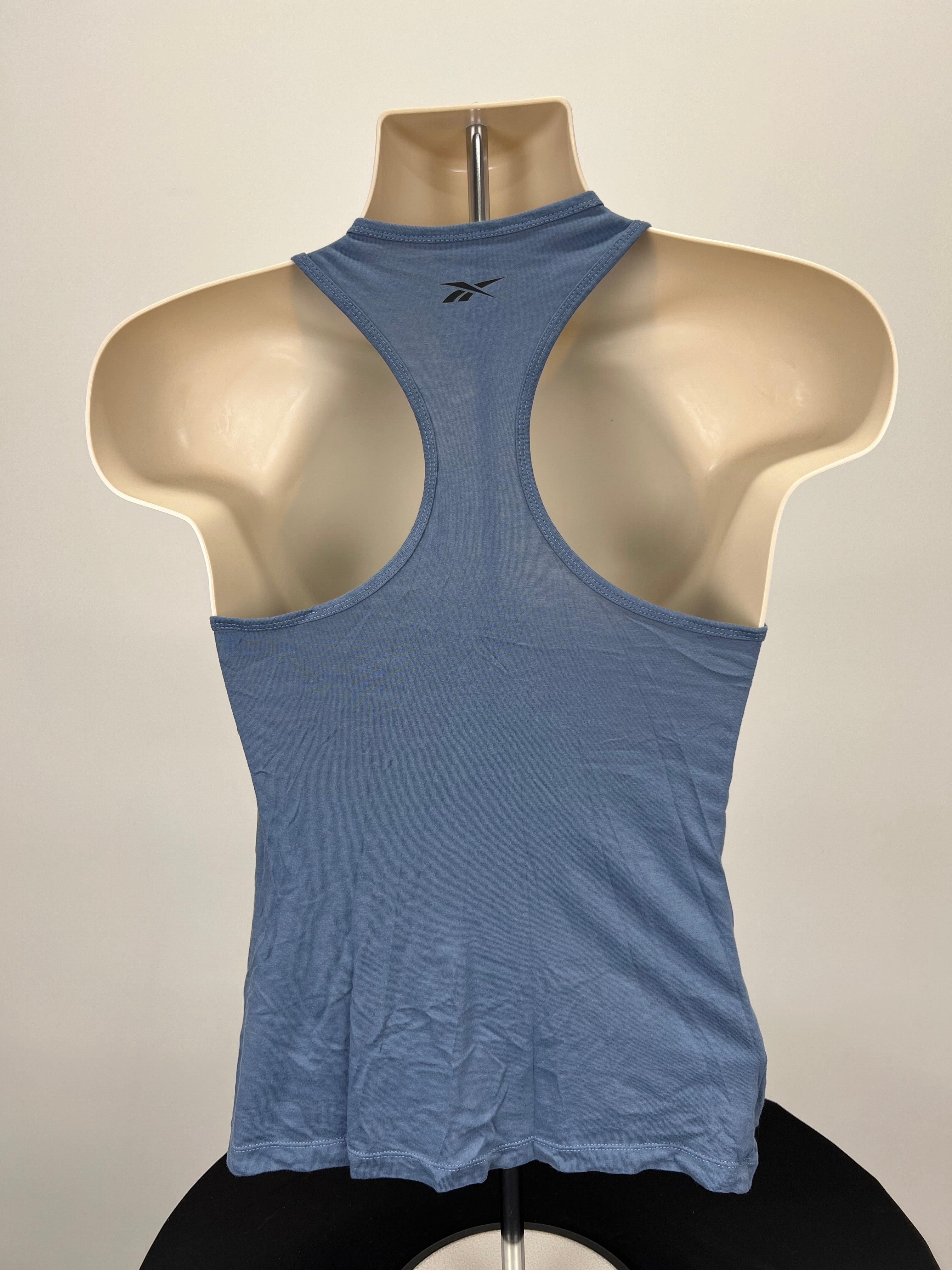 Back view of Reebok x Les Mills grey racerback vest top with small Reebok logo