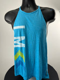 Front view of turquoise Reebok Les Mills training vest with bold white and yellow graphic on mannequin
