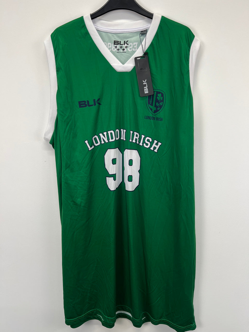 Front view of men’s London Irish rugby sleeveless training top in green with white trims and number 98
