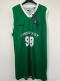 Front view of men’s London Irish rugby sleeveless training top in green with white trims and number 98