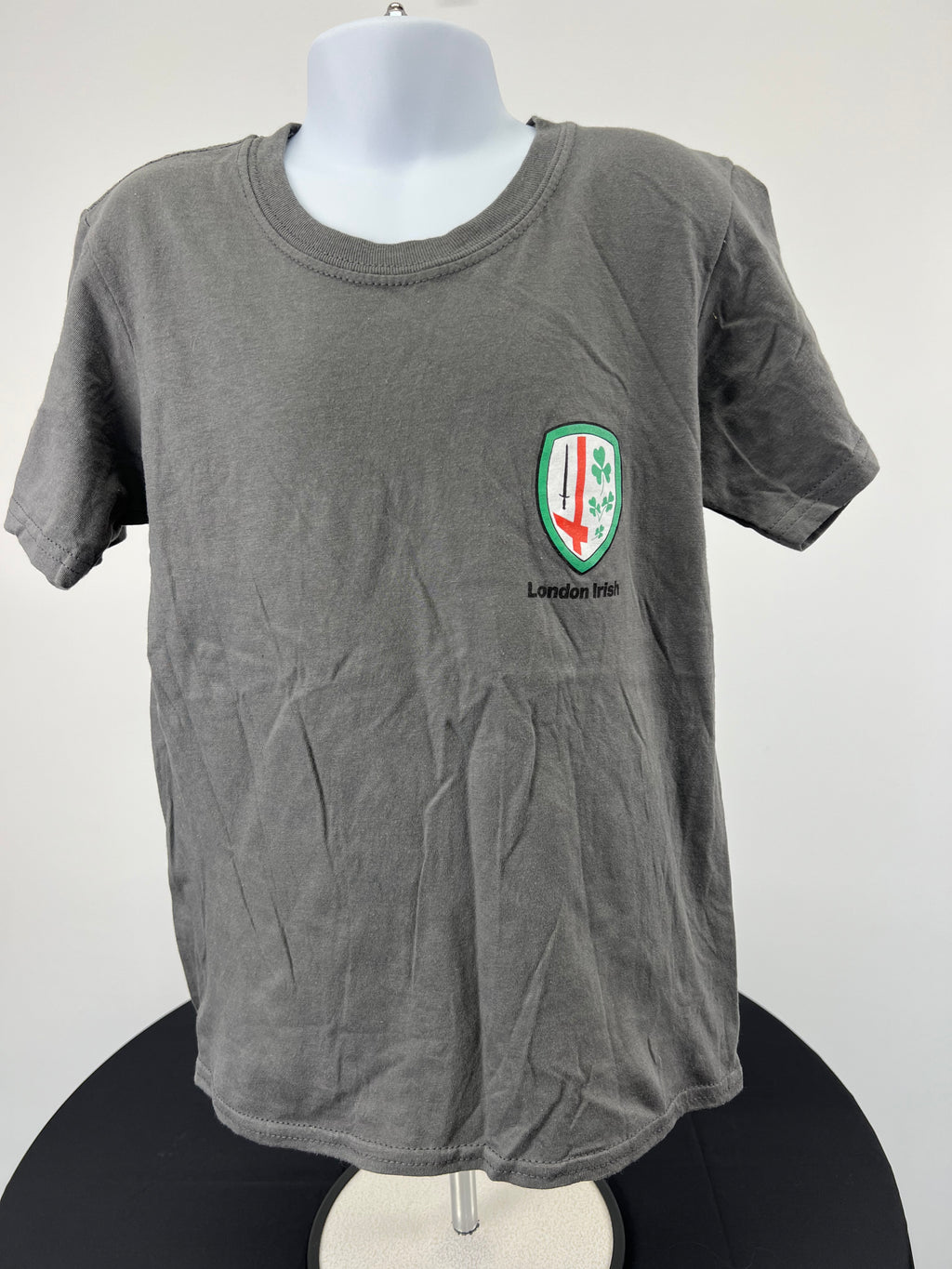 Grey kids t-shirt front with London Irish shield logo on chest, displayed on mannequin