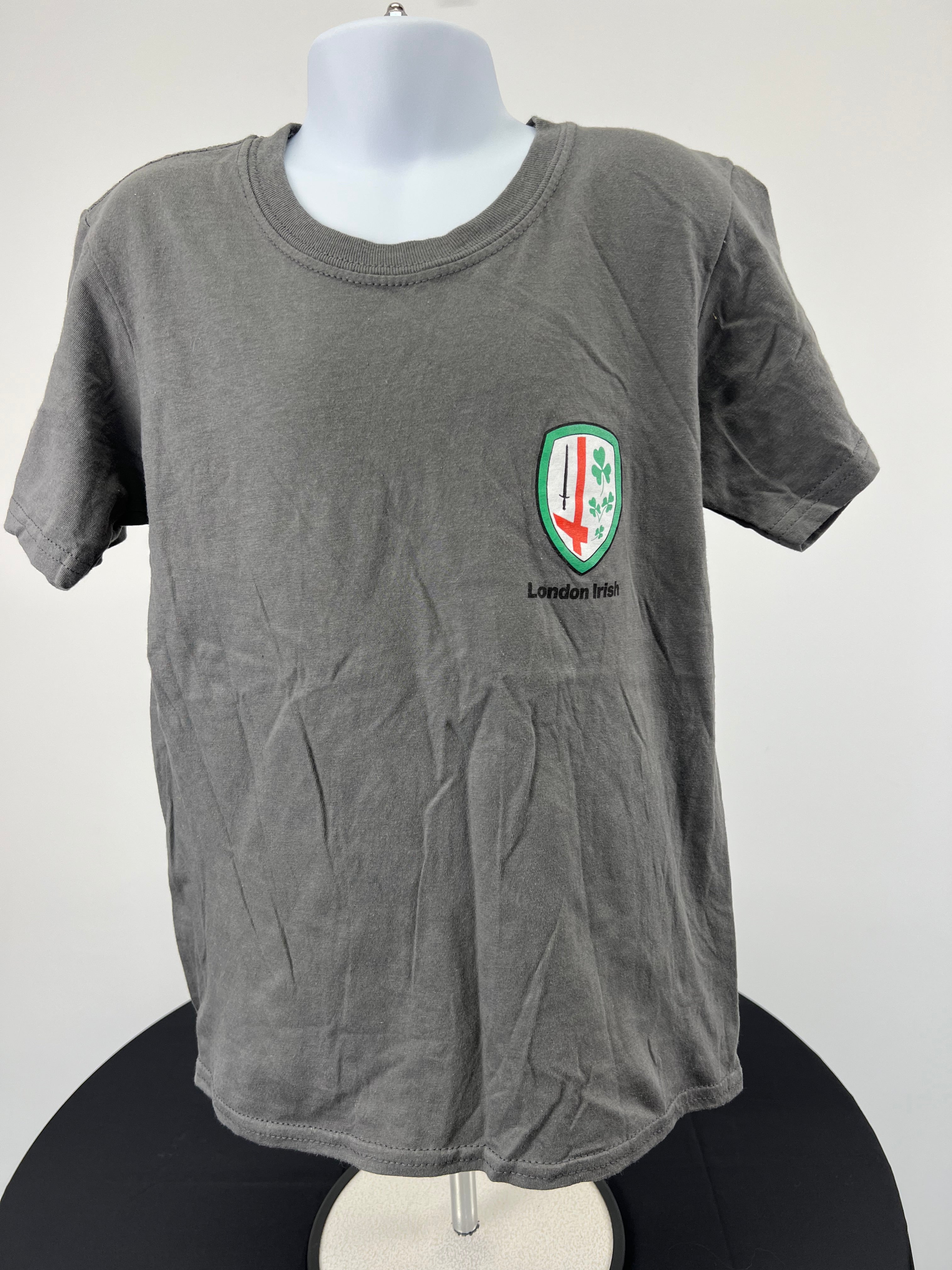 Grey kids t-shirt front with London Irish shield logo on chest, displayed on mannequin