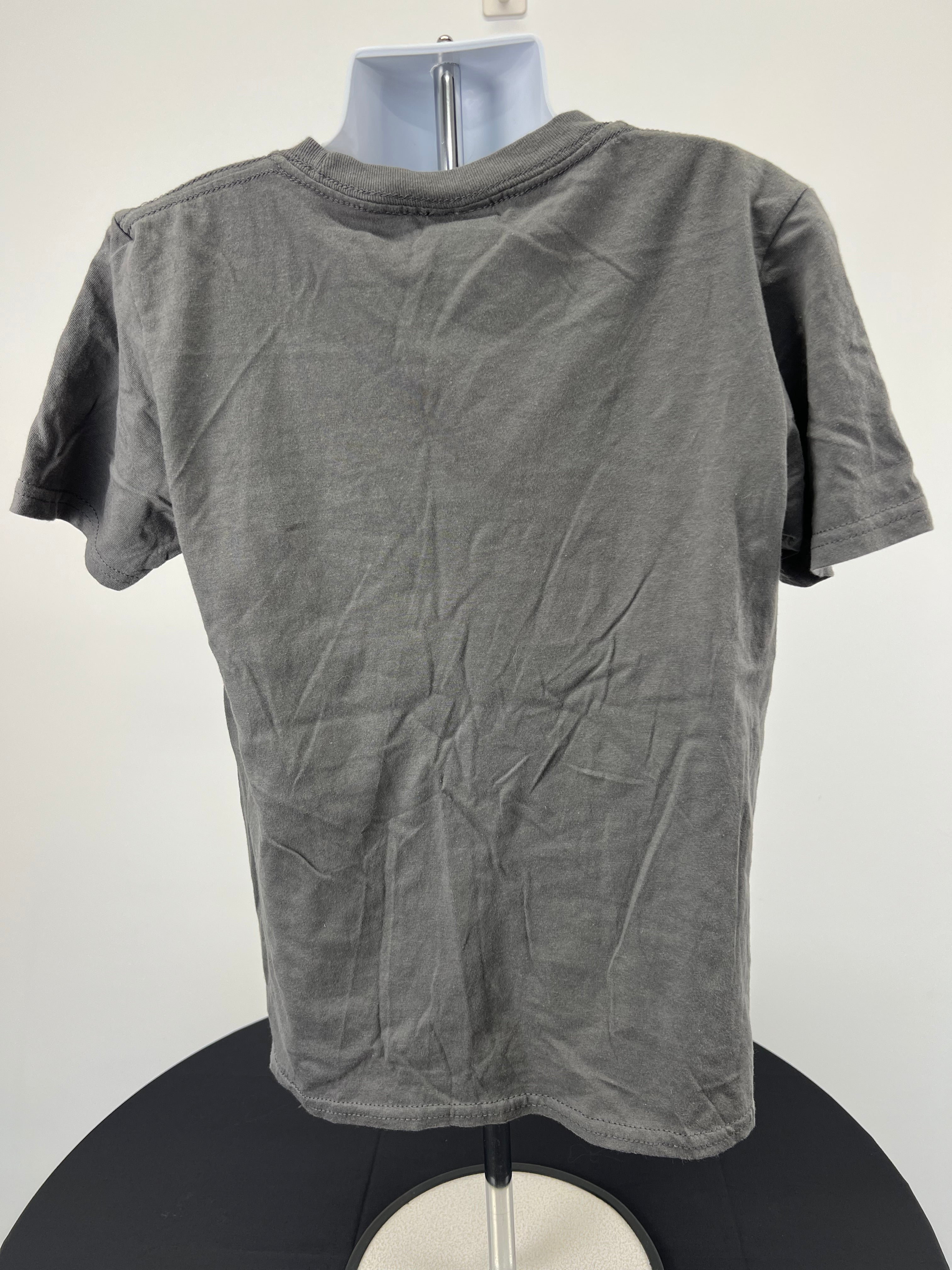 Back view of grey kids t-shirt showing plain fabric and short sleeves, on mannequin