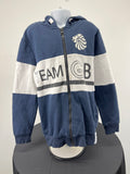 Front view of navy and white Team GB kids hoodie with zip and lion logo on chest