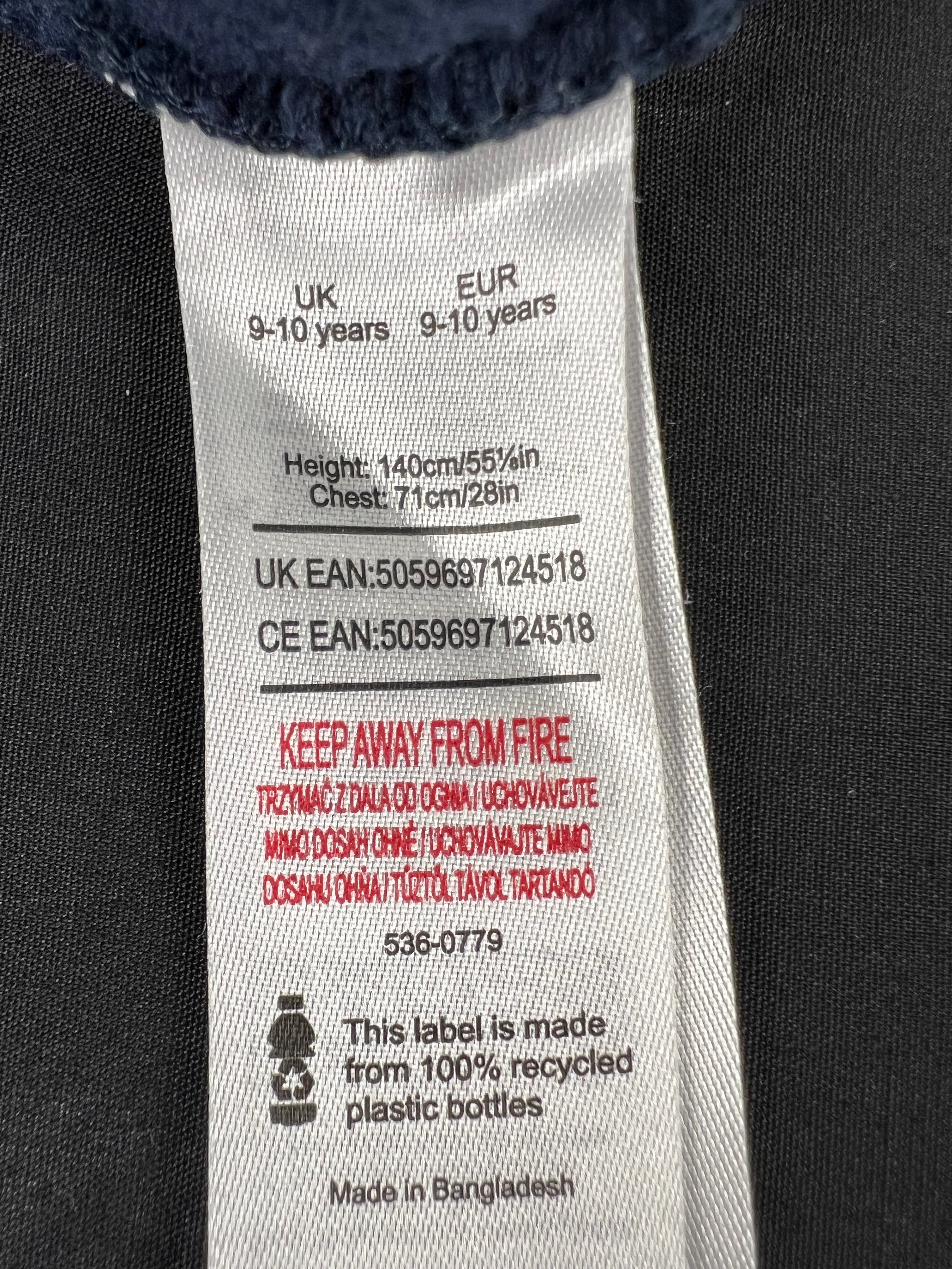 Clothing label showing size UK 9-10 years and eco-friendly recycled bottle tag