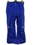 Front view of blue The North Face women's ski trousers size XS hanging on black hanger