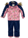 Front view of Roxy kids snow suit featuring pink patterned jacket with giraffe and mountain prints and navy blue snow trousers