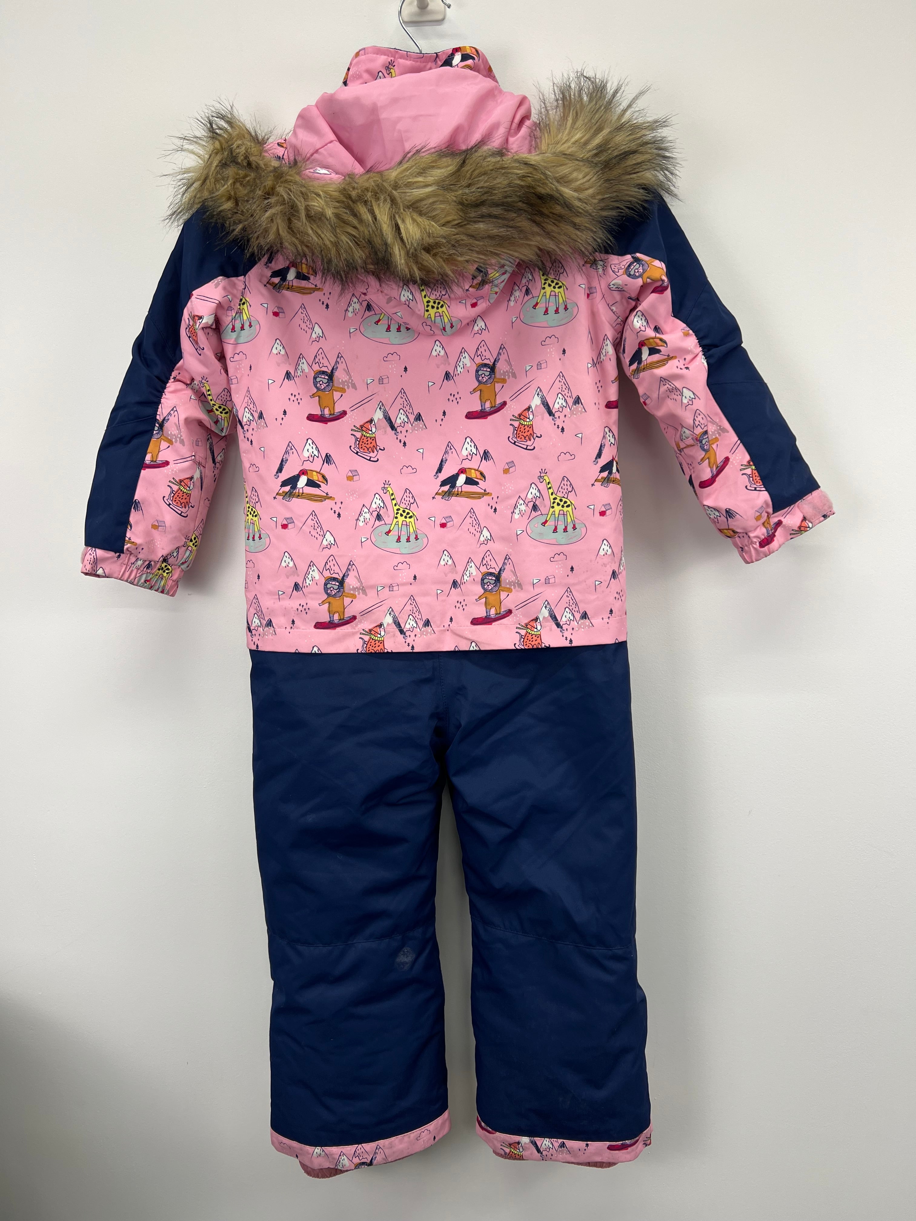 Back view of Roxy kids snow suit showing detachable hood with faux fur trim and playful animal designs