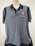 Front view of Men’s London Irish XXL polo top with navy collar and embroidered crest