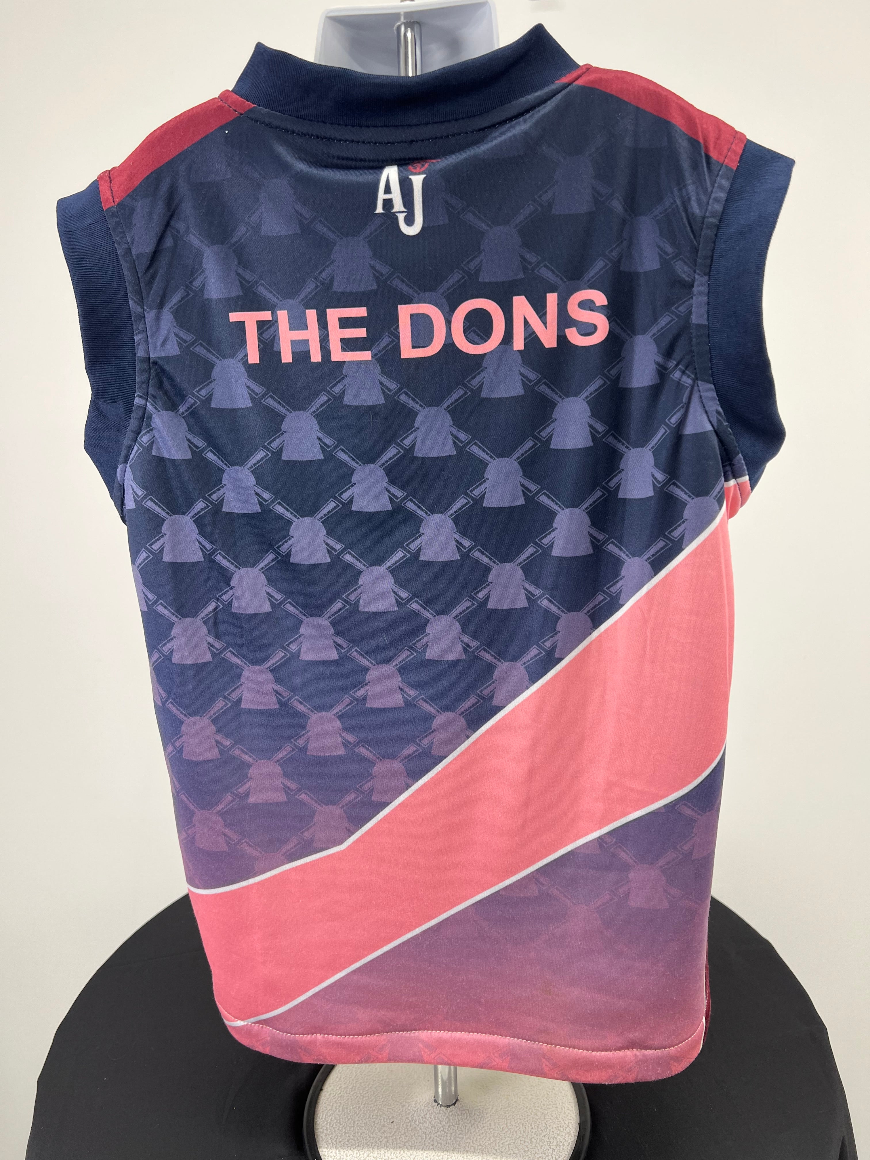 Back view of Kids Wimbledon Cricket Club sleeveless pullover with 'THE DONS' text and design details